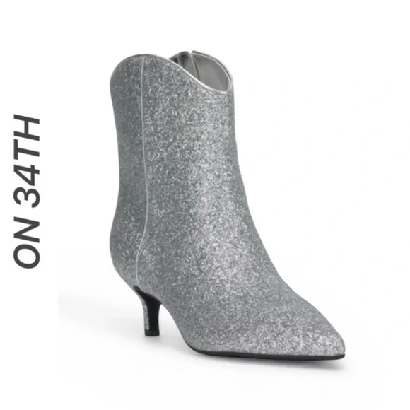 ON 34TH AATIRA TULIP GLITTER BOOTIES SILVER KITTEN HEEL POINTED TOE SIZE 7 *NIB* - Picture 1 of 15